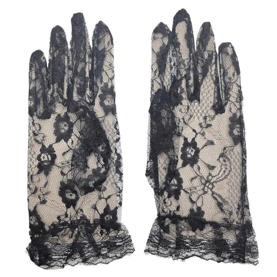Black Lace Wrist Length Gloves Ruffle Trim Sheer Dress Up Tea Party Costume 1260 - Image 3 of 4