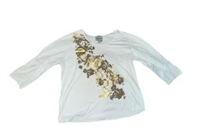 Vintage Collections ETC 3/4 sleeve white tee with gold floral graphic  Size XL