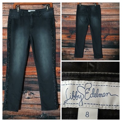 Libby Edelman Jeans Size 8 Black Embellished Sequin Stripe Ankle Slim Stretch 