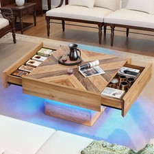 Square Coffee Table Adjustable LED w/ Water  Scratchproof Wood  Hidden Drawers