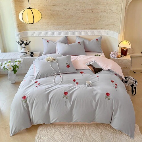 100% Egyptian Cotton White Pink Patchwork Rose Flowers Embroidery Bedding Set - Bild 10 von 17