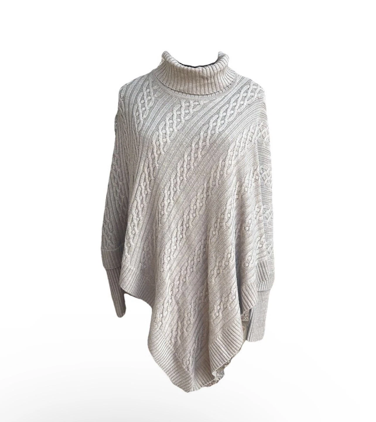 Worth New York Poncho Turtleneck Cape Ribbed Knit Biege Sweater With Sleeves S