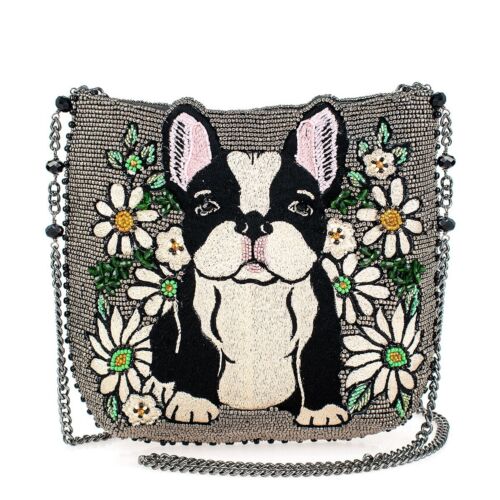 Mary Frances Pardon My Frenchie Beaded Embroidered Dog Crossbody Handbag
