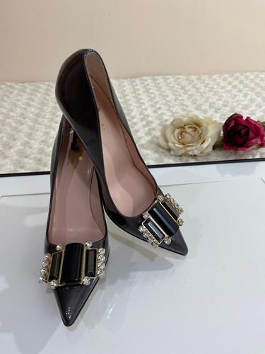 Kate Spade NWOT Women 4" Stiletto Heels Whrinestones Pointed 6B GrayBlack Patent - Picture 3 of 9