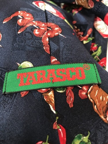 Tabasco Men’s Necktie Hot Peppers Shrimp 100% Silk Tie Dark Blue Skewered Kabob - Picture 3 of 6