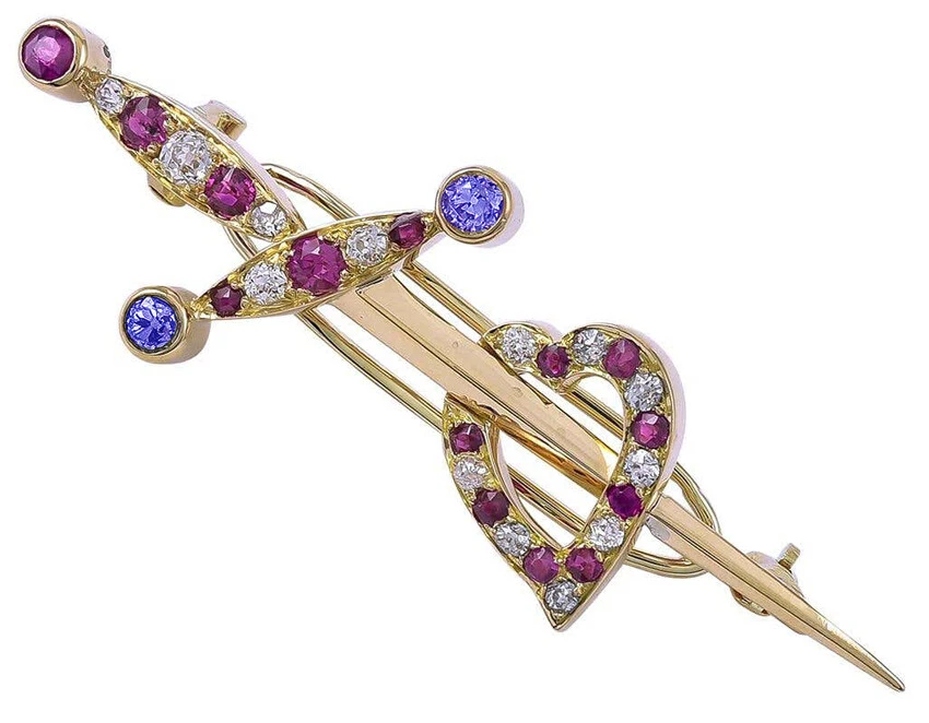 0.65ct Natural Round Diamond Ruby Sapphire 14K Solid Yellow Gold Brooch Pin - Image 2 of 4