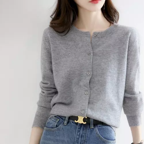 Cárdigan suéter simple de mezcla de cachemir para mujer color liso cuello redondo chaqueta abrigo - Imagen 10 de 37