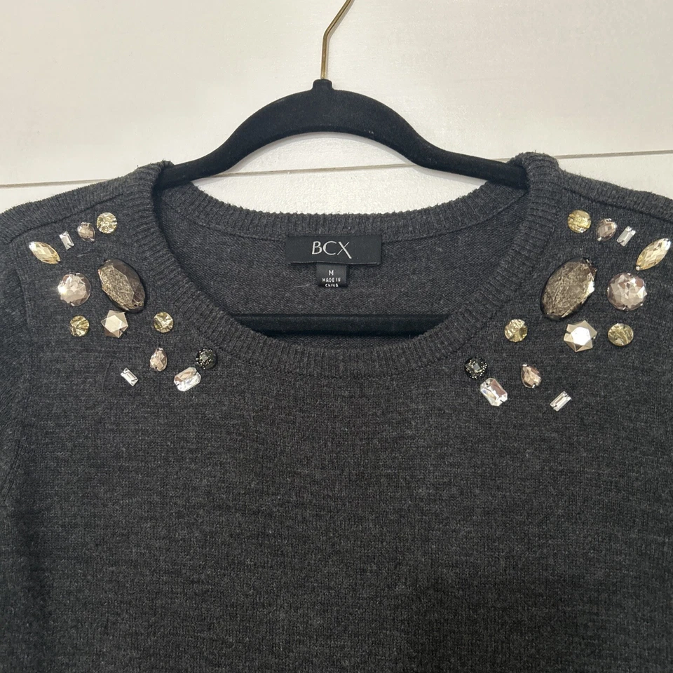 BCX MUJER SUÉTER VESTIDO GRIS OSCURO M TEJIDO JOYAS CUELLO REDONDO FUNDA INFORMAL Foto 4 de 4