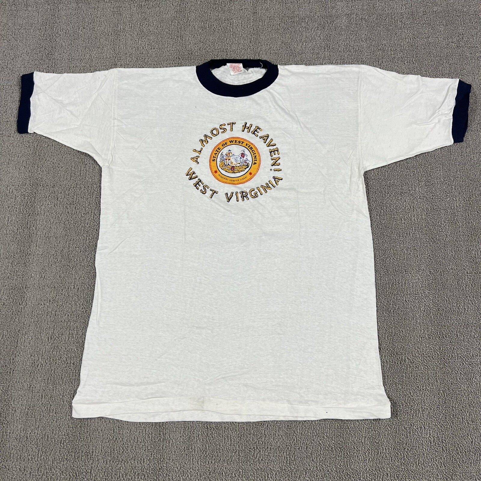 Vintage 70's West Virginia Almost Heaven T Shirt Single Stitch Ringer Men's NOS