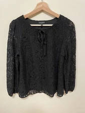 TALBOTS Black Lace Long Sleeve Tie Neck Blouse Sz M Cotton Blend Lined