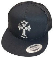 White Cross Patch on Yupoong Trucker Hat YP Classic 6006 Snapback Black/Black