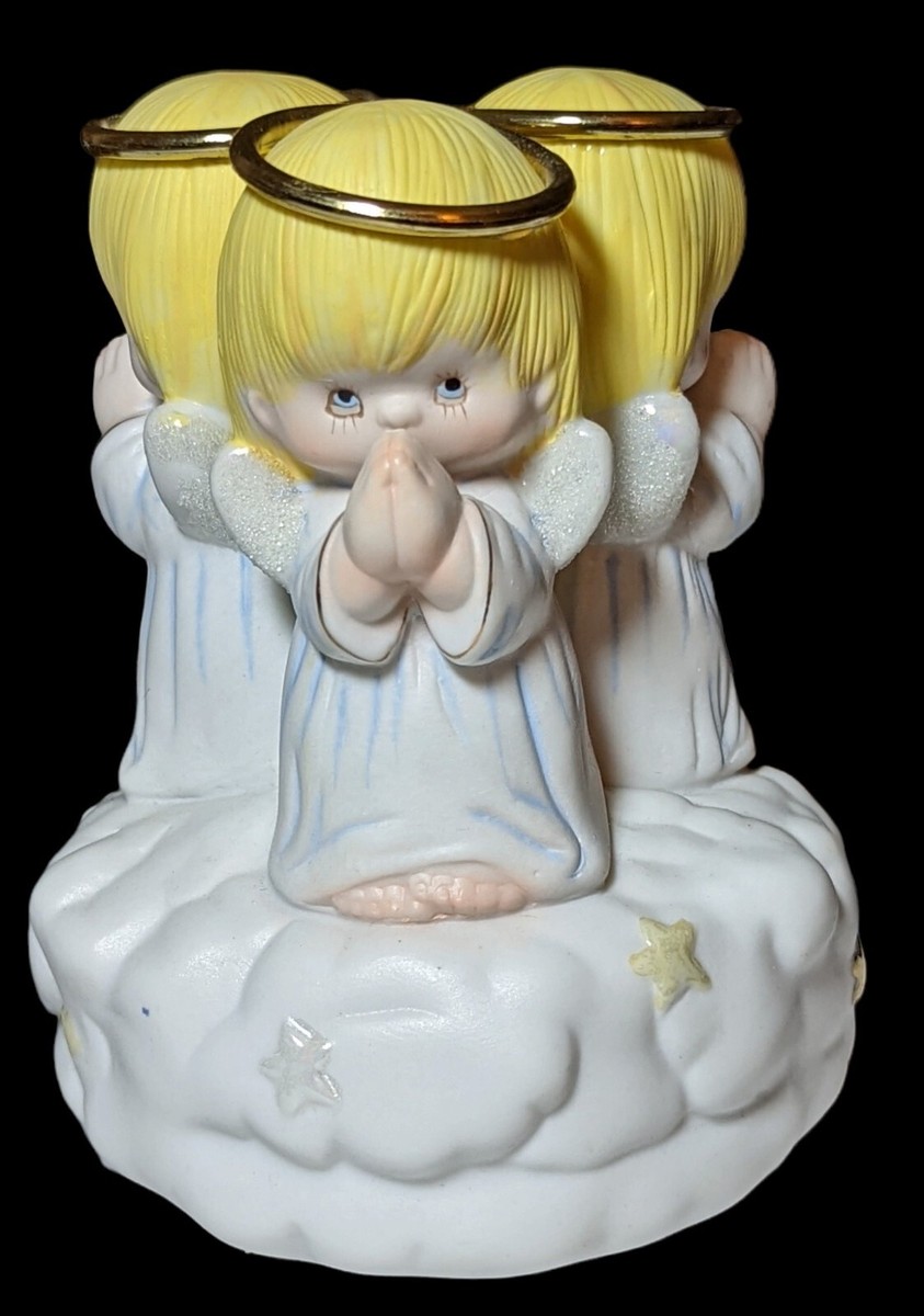 Vintage 3 Halo Angels Praying Music Box Gold Star Bisque