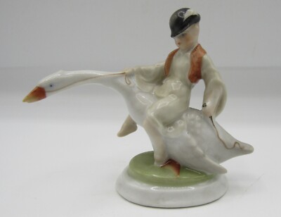 Vintage Herend 1839 mark Hungary hand painted boy riding goose Ludas Matyi 