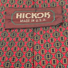 Hickok Vintage Silk Tie Green Blue Geometric Pattern on Red 3.5"W x 56 USA Made