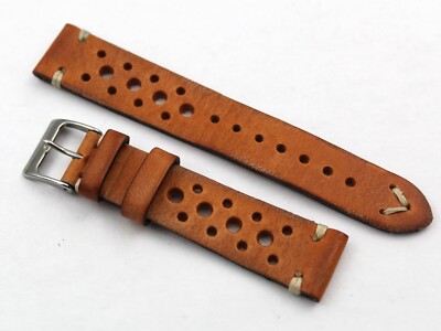 Watch Band Racing Genuine Leather Brown Gold 18/16mm Sports Hand Made Unisex New