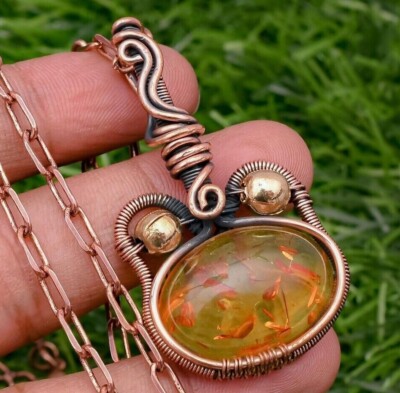 Baltic Amber Cat Shape Copper Wire Wrapped Handmade Jewelry