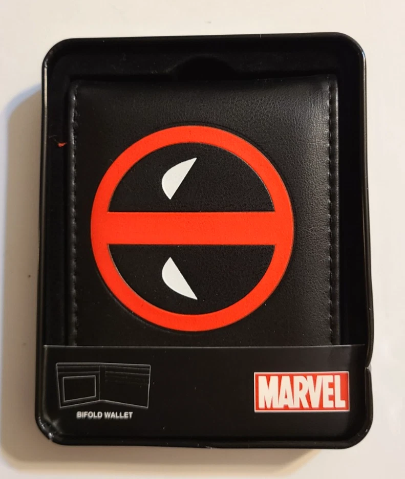 Bioworld Marvel Deadpool Logo Face Faux Leather Bifold Wallet in Tin, NEW - Image 4 of 4