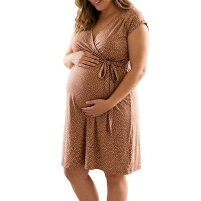 Isabel Maternity Ingrid & Isabel Brown White Dot Wrap Front Tie Waist Dress XXL