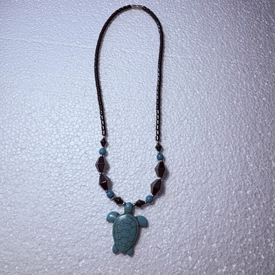 Turquoise Turtle Pendant Necklace Beaded Hematite Brown Blue Boho Coastal Earthy