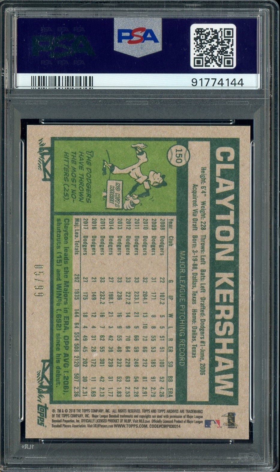 2018 Topps Archives Silver #150 Clayton Kershaw Dodgers 5/99 PSA 10 GEM MINT view 2