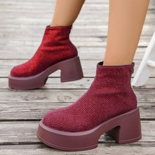 Women's Rhinestone Chunky Platform Ankle Boots Zipper Casual Party Dress Pumps