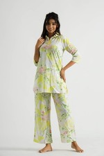 Women's Yellow White Floral Cotton Co-Ord Set Stylish 2-Piece Summer Outfit