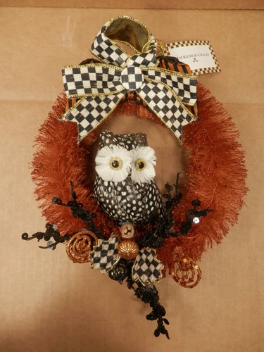 Mackenzie Childs Spotted Owl w/ Courtly Check Ribbon Wreath Small,8" In Diameter