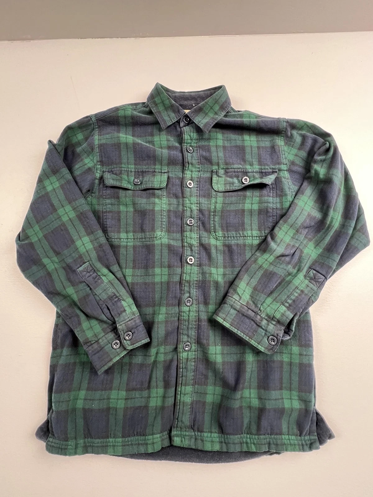 L.L. Bean Jacket Mens Small Green Plaid Flannel Shirt Fleece Lined Outdoor