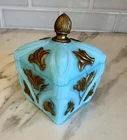 Antique Victorian Blue Opaline Milk Glass Trinket Box Hand Painted  Beautiful