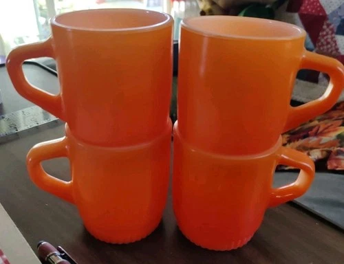 Vintage Orange Fire King Milk Glass Coffee Mug Stackable Set Of 4