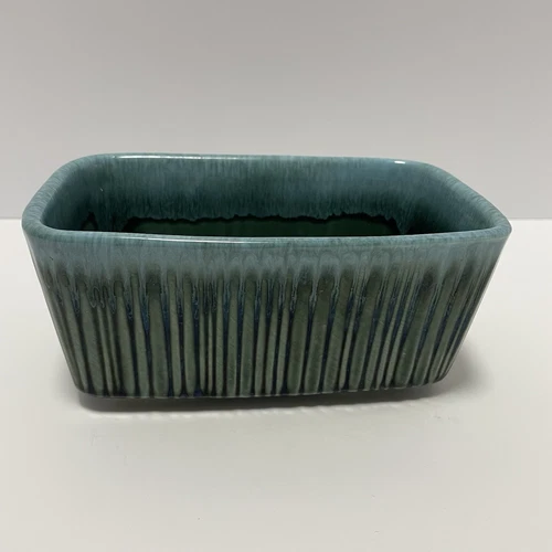 Vintage Hull USA F467 Rectangular Ribbed Teal Drip Glaze Glossy Planter