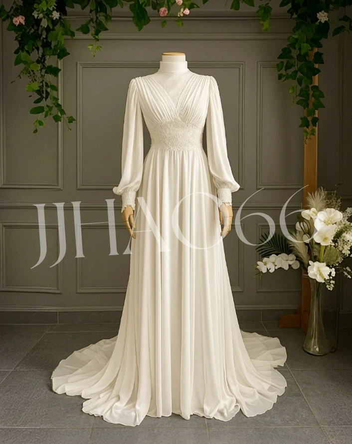 Muslim Chiffon Wedding Dresses White Long Sleeves A Line High Neck Bridal Gowns - Image 4 of 4