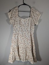 American Eagle Cream Floral Lace Trim Tiered Mini Dress Sz L Cottagecore Prairie