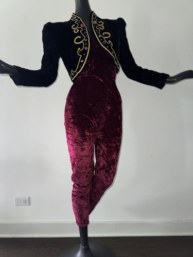 Vtg 80s Jeweled Black Velvet Dress Bolero Crop Jacket Matador Puff Sleeve Genie - Picture 7 of 8