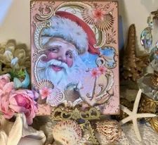 Coastal Santa, Pink Christmas, Shells, Nautical, Handcrafted Plaque / Sign