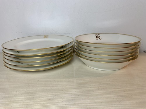 Juego de 12 Platos Limoges Oro Incrustado en Relieve Monograma 6 Platos y 6 Cuencos