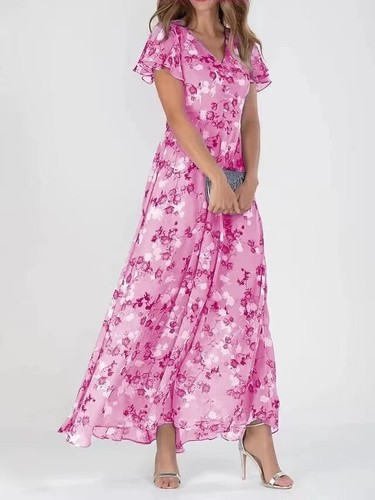 Flowers Print Short Sleeve Dress Summer Fashion Ruffle Beach Dresses Women's