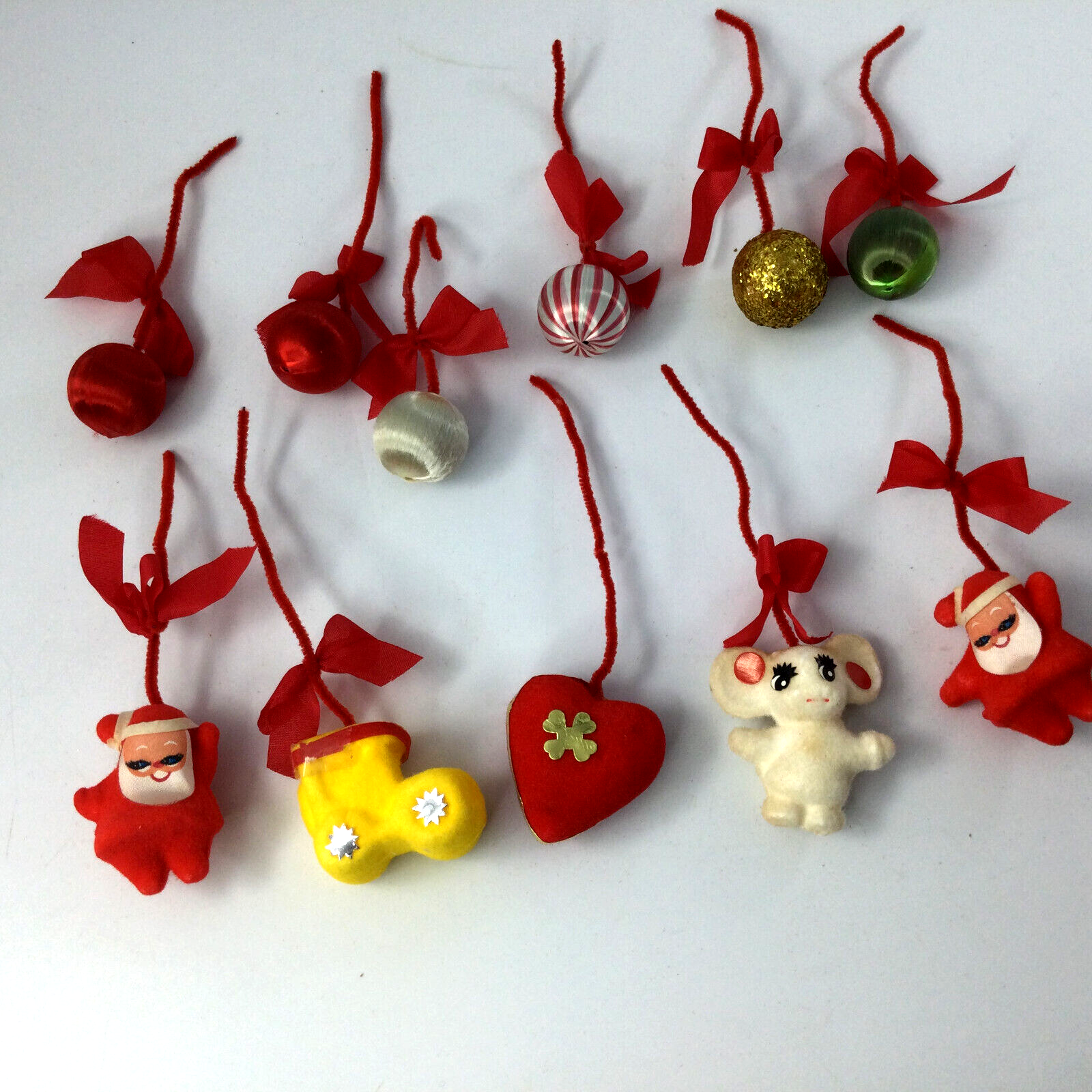 Vintage Velvet Plastic Hanging Christmas Ornaments Santa Heart Balls Lot of 11