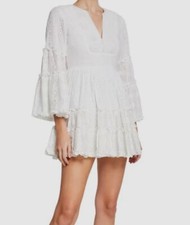 528 Alexis Women's White Norwa V-Neck Tiered Eyelet Lace Mini Dress Size M
