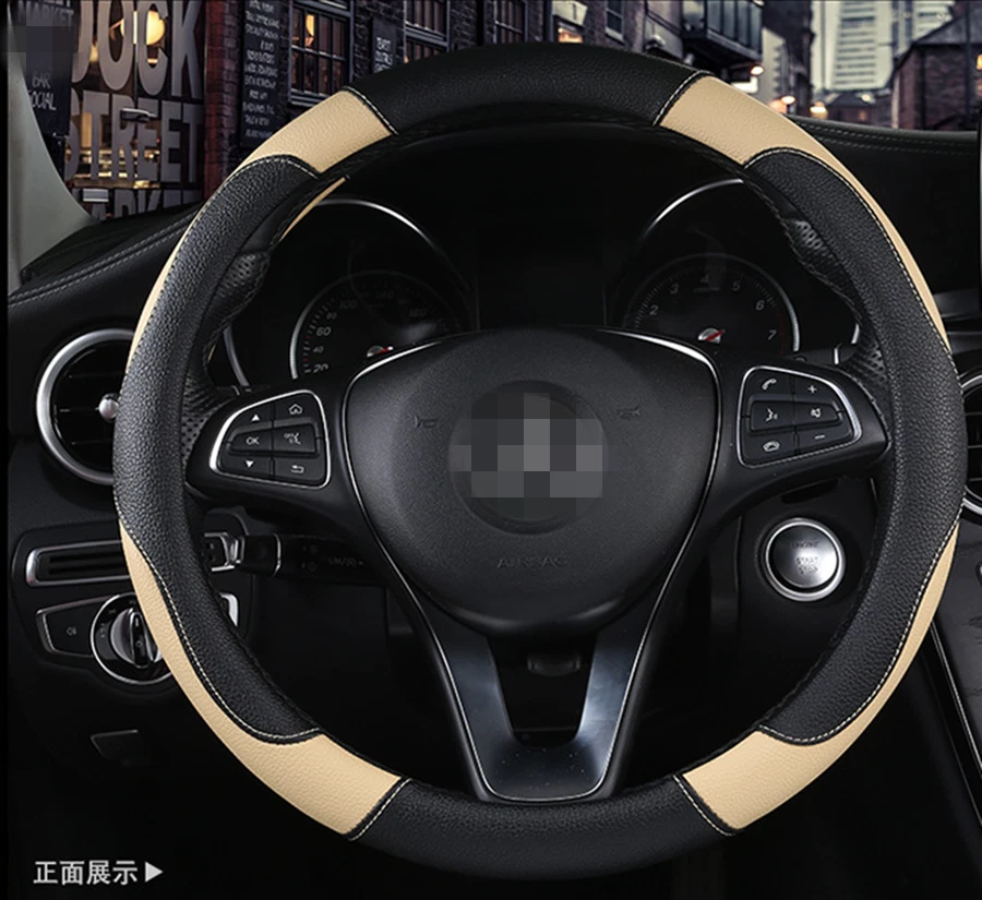 Capa de volante de couro ecológico 38cm/15in acessórios para carro caminhão preto/bege - Imagem 4 de 4