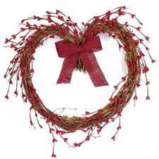 Set of 2 Grapevine 11" Heart Wreaths with Red Pip Berries and Burlap Bow