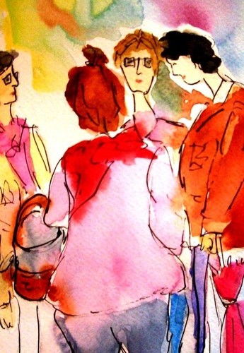 Kunstdruck DIN A4 – Marktgeschwätz – lustiges Aquarell mit 2 Damen & 2 Herren – - Bild 6 von 6