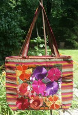 Maya Mexican Hand Embroidered Zipper Tote Bag Chiapas Rainbow Flowers Brown Pink