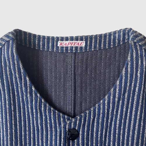 KAPITAL Cotton Striped work Vest Blue x Gray good codition - Picture 3 of 6