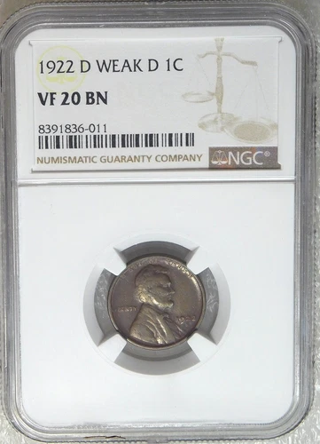 1922-D Weak D Lincoln Cent NGC VF20 Great Luster Just Graded New Holder #DSh29