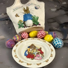 Royal Doulton Bunnykins Plate, Beatrix Potter Canvas Bunny Basket Tote Lot Eggs