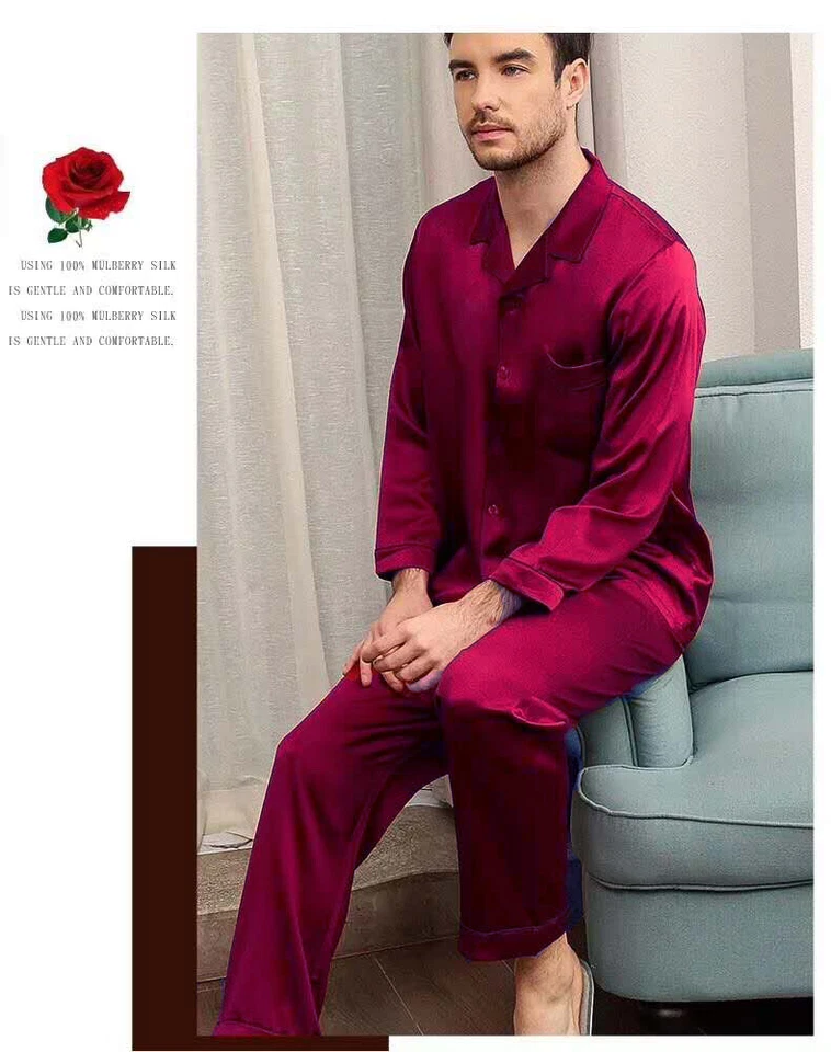Men's 25MM 100% Pure Mulberry Silk Pajamas Set Long Sleeves Silk Sleepwear S~XXL - Image 4 of 4