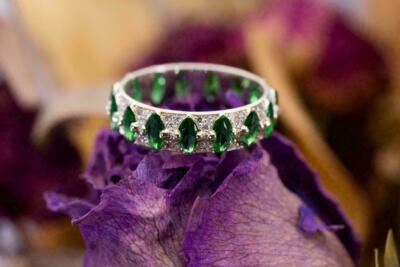 2Ct Marquise Lab-Created Green Emerald  Band Ring 14k White Gold Plated Silver