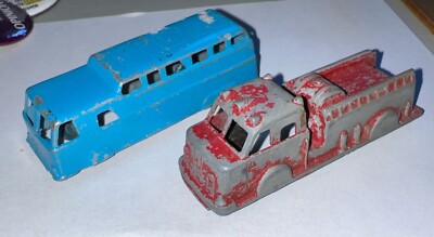TWO NICE MIDGETOY BLUE & RED DIE CAST BUS & FIRE ENGINE