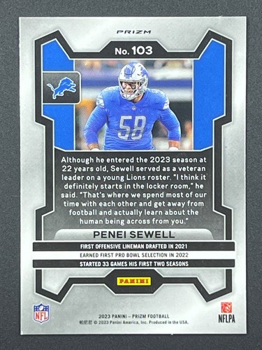 PENEI SEWELL 2023 Panini Prizm #103 Silver Prizm Detroit Lions - Picture 2 of 2